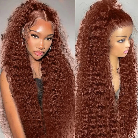 Long 40 Inch Glueless Reddish Brown Color Deep Curly 13x4 Lace Front Wig With Pre-plucked Hairline