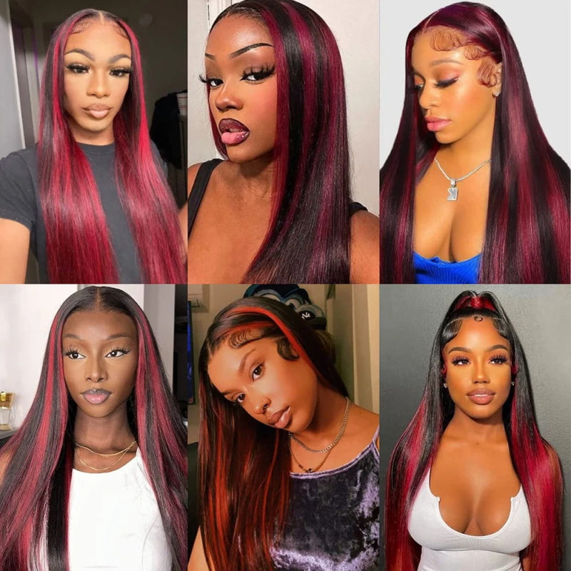 Glueless Human Hair Wig Burgundy Highlight With Dark Roots Straight 13x4 HD Lace Frontal Wigs Skunk Stripe Human Hair Wig