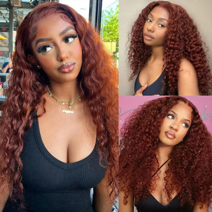 Long 40 Inch Glueless Reddish Brown Color Deep Curly 13x4 Lace Front Wig With Pre-plucked Hairline