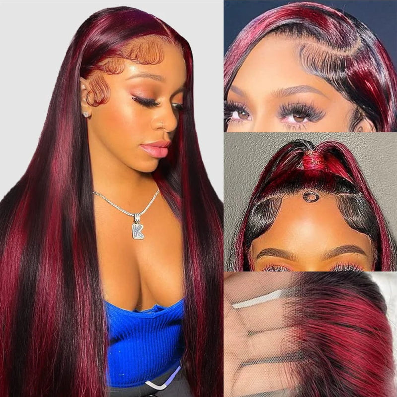Glueless Human Hair Wig Burgundy Highlight With Dark Roots Straight 13x4 HD Lace Frontal Wigs Skunk Stripe Human Hair Wig