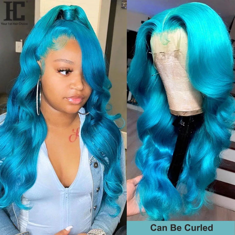 Sky Blue Lace Front Wig Body Wave 13x4 Lace Frontal Wig Preplucked Light Blue Colored Human Hair Wig