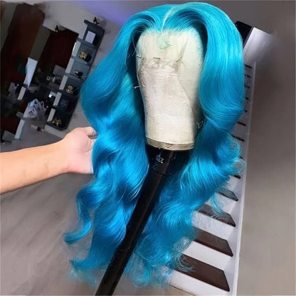 Sky Blue Lace Front Wig Body Wave 13x4 Lace Frontal Wig Preplucked Light Blue Colored Human Hair Wig