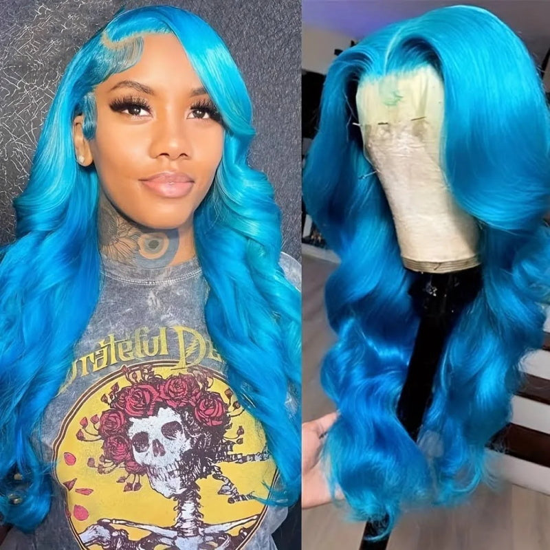 Sky Blue Lace Front Wig Body Wave 13x4 Lace Frontal Wig Preplucked Light Blue Colored Human Hair Wig