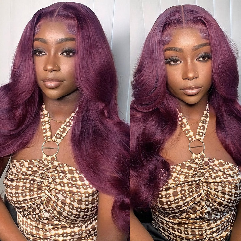 Trendy Dark Purple Plum Colored Wigs 13×4 Transparent Lace Front Silky Straight/Body Wave Wig