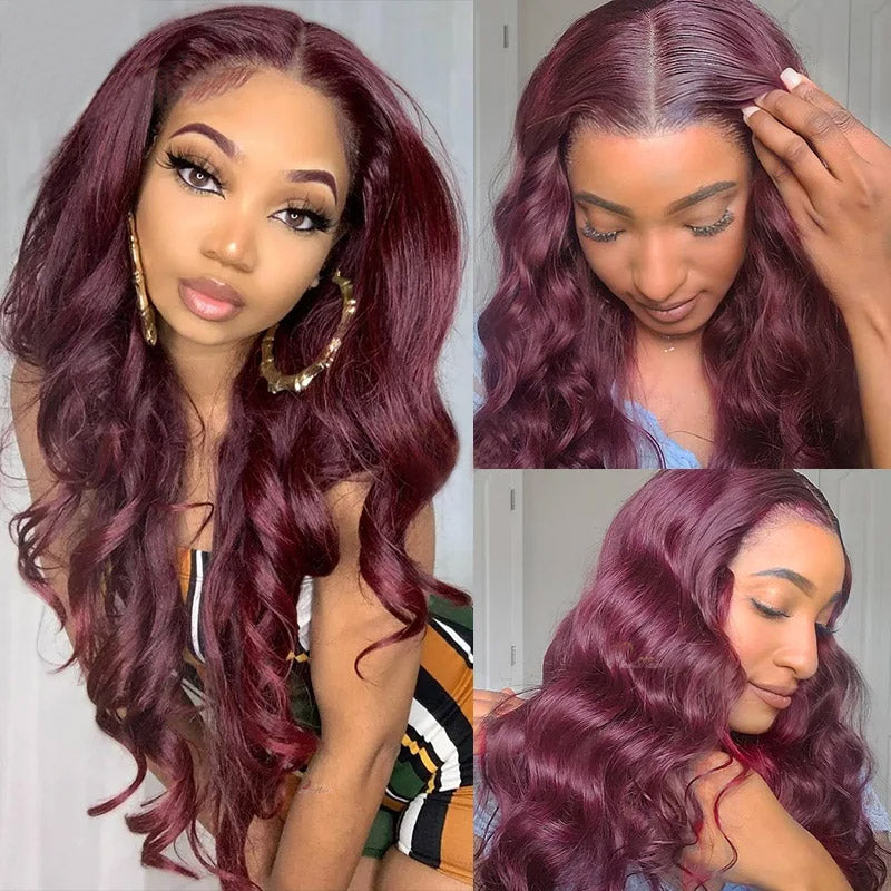 Trendy Dark Purple Plum Colored Wigs 13×4 Transparent Lace Front Silky Straight/Body Wave Wig