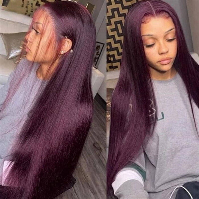 Trendy Dark Purple Plum Colored Wigs 13×4 Transparent Lace Front Silky Straight/Body Wave Wig