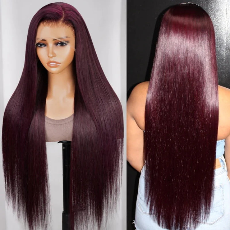 Trendy Dark Purple Plum Colored Wigs 13×4 Transparent Lace Front Silky Straight/Body Wave Wig