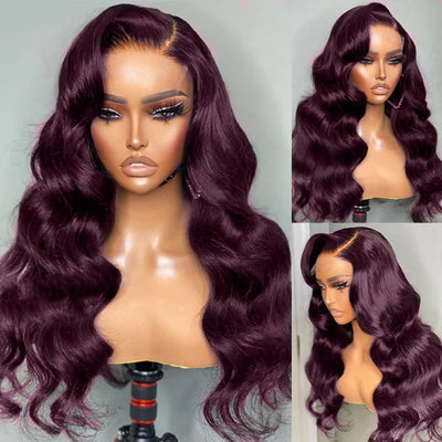 Trendy Dark Purple Plum Colored Wigs 13×4 Transparent Lace Front Silky Straight/Body Wave Wig