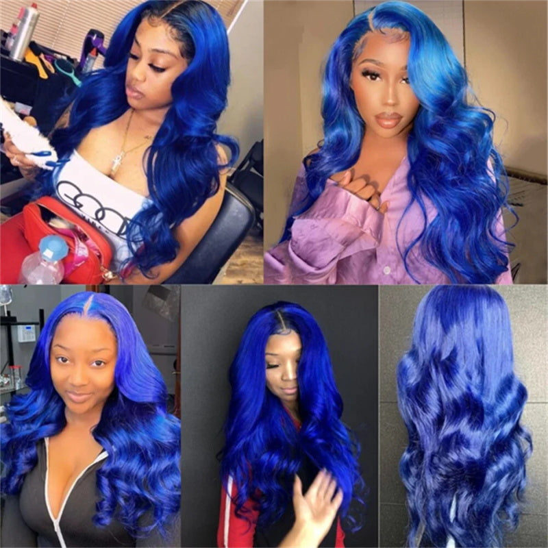 Blue Colored Body Wave Glueless Wig 13x4 HD Lace Front Wigs Pre Plucke ...