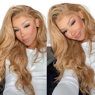 #27 Honey Blonde Color Wear and Go Body Wave 13x4 Lace Front Wig 180% Density Human Hair Wigs with Pre-plucked