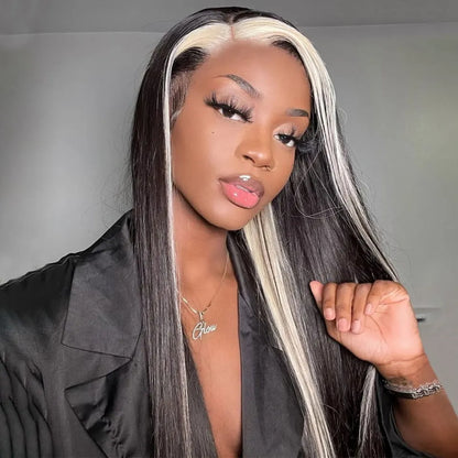 Wear and Go Straight Hair Wig 180% Density 13x4 HD Lace Frontal Wig 1B/613 Colored Wigs Skunk Stripe Human Hair Wigs