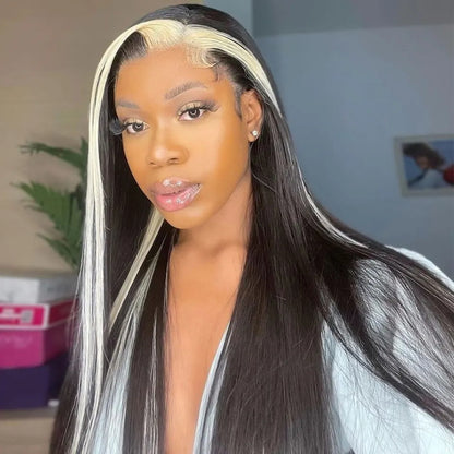 Wear and Go Straight Hair Wig 180% Density 13x4 HD Lace Frontal Wig 1B/613 Colored Wigs Skunk Stripe Human Hair Wigs