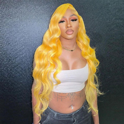 Yellow Colored Body Wave 13x4 Pre-Plucked Lace Front Wig For Black Women With Baby Hair