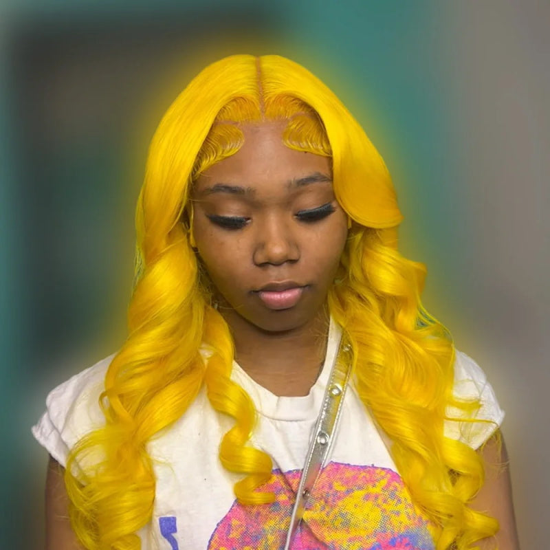 Yellow Colored Body Wave 13x4 Pre-Plucked Lace Front Wig For Black Women With Baby Hair
