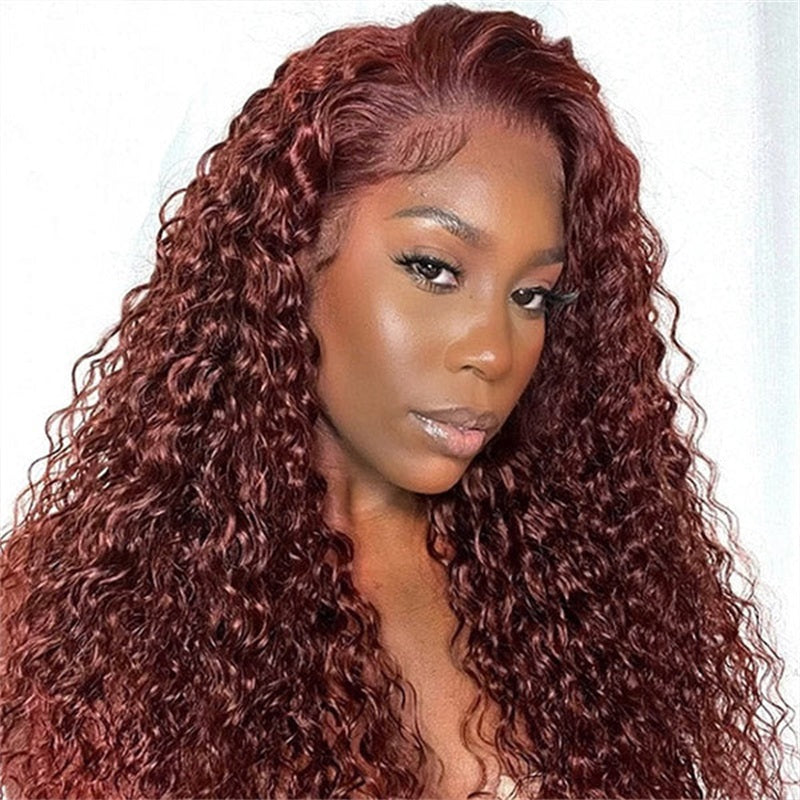 Long 40 Inch Glueless Reddish Brown Color Deep Curly 13x4 Lace Front Wig With Pre-plucked Hairline