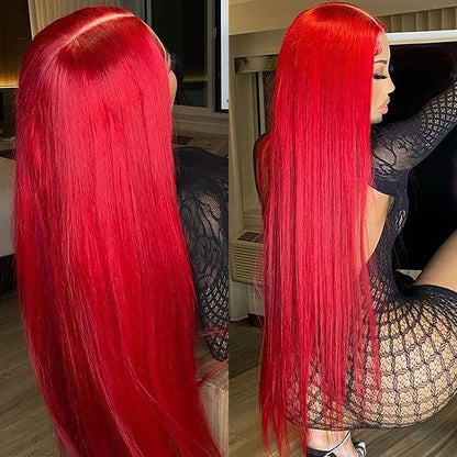 Red Colored 13x4 Lace Frontal Wig 32 Inch Straight Human Hair Wig Undetectable Invisible Ready To Wear Lace Wigs