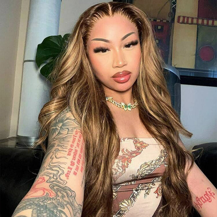 Highlight Body Wave Wig Pre-plucked Wear Go Body Wave Human Hair Wig Pre-cut 5x5 Lace Closure Wig Bleached Knots