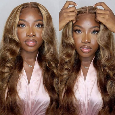 Ready To Go Honey Blonde Highlight Body Wave Lace Front Wigs 180% Density Pre-plucked 13x4 Body Wave Human Hair Wigs With Natural Hairline