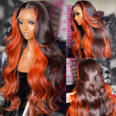 13x4 HD Lace Front Ginger Black Highlight Body Wave Human Hair Colored Lace Wigs With Pre Plucked