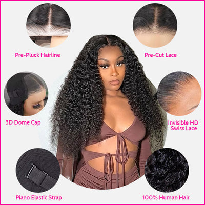 180% Density Deep Curly Wear Go Wig 13x4 HD Lace Front Wig Pre-plucked Glueless Kinky Curly Wig With Real Bleached Knots