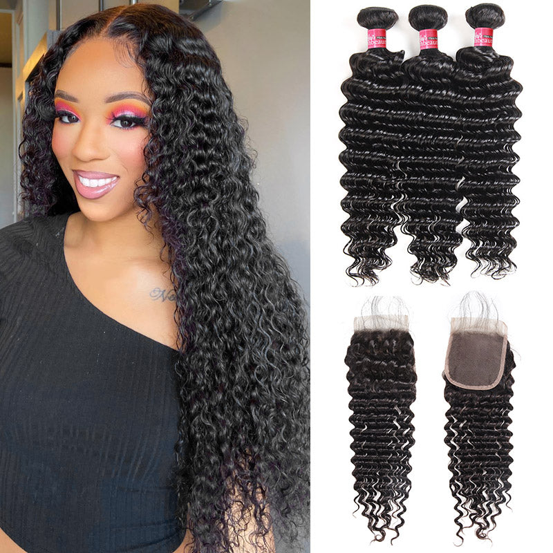 Brazilian Deep Wave Hair 3 Bundles with 4x4 Lace Closure Human Hair Bundles