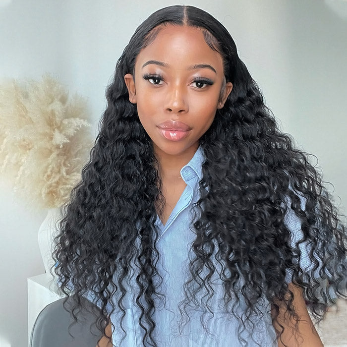 Glueless 13x6 HD Lace Frontal Wig Deep Wave Human Hair Easy Ready To Wear Wig Pre-plucked Deep Curly Wigs With Bleached Knots