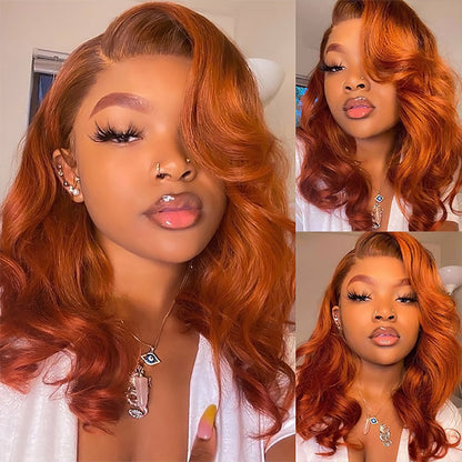 13x4 Ginger Orange Body Wave Lace Front Wig Short Bob Wig 14 Inch Barrel Curls Wig Glueless Human Hair Wig