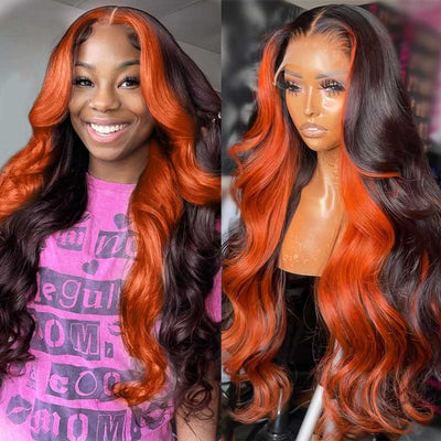 13x4 HD Lace Front Ginger Black Highlight Body Wave Human Hair Colored Lace Wigs With Pre Plucked