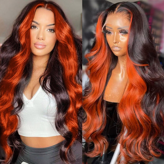 13x4 HD Lace Front Ginger Black Highlight Body Wave Human Hair Colored Lace Wigs With Pre Plucked