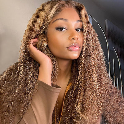 Highlight Brown Kinky Curly Wear Go Glueless Wigs 13x6 HD Lace Frontal Wig With Bleached Knots Pre-plucked Natural Hairline