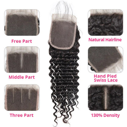 Brazilian Deep Wave Hair 3 Bundles with 4x4 Lace Closure Human Hair Bundles