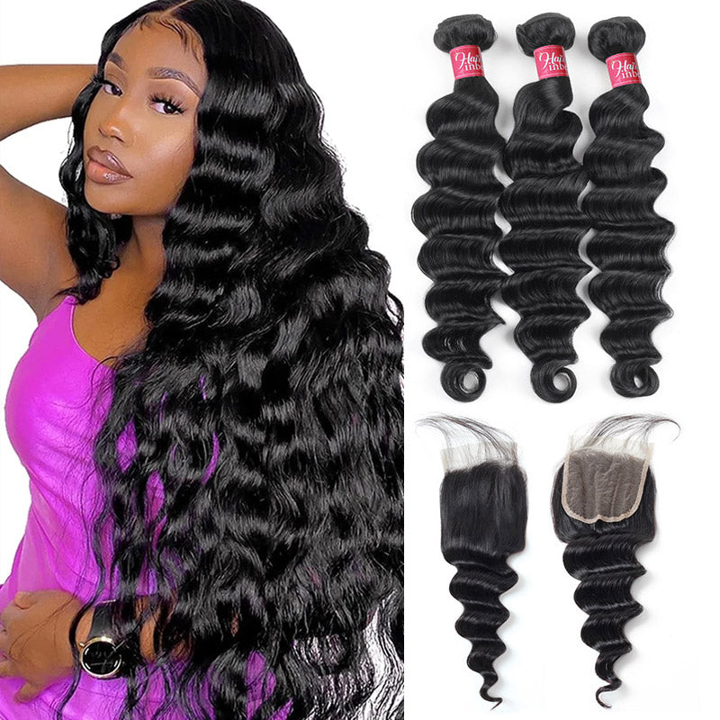 Loose Deep Wave Brazilian Hair 3 Bundles with 4x4 Closure 100% Human Hair Extension