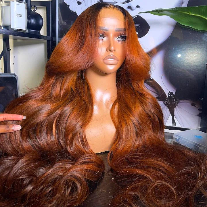 Hairinbeauty Ombre Ginger Cooper Color Body Wave 13x4 Lace Front Human Hair Wigs for Women