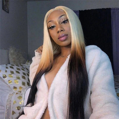 Ombre Blonde Glueless Wigs Straight Hair 13x4 HD Lace Front Wig Pre Plucked Honey Blonde Wig