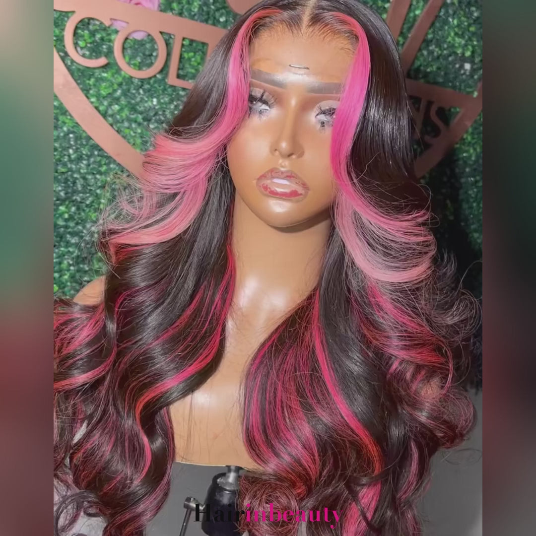 Glueless Body Wave Human Hair Wigs Highlight 1B/Pink Color 13x4 Body Wave Lace Front Wig