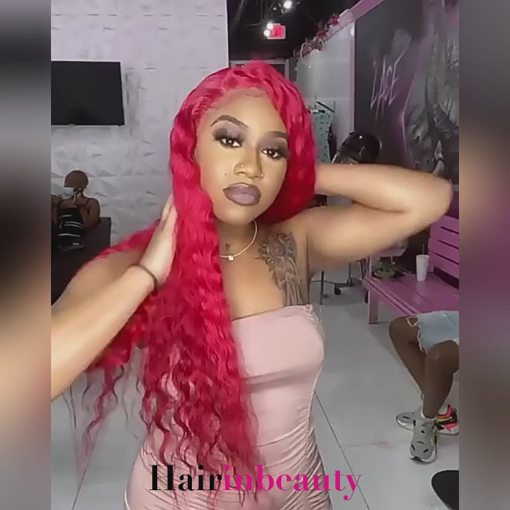 Long 32Inch Red Color Deep Wave 13x4 Lace Front Wigs Glueless Wig with Pre-Plucked