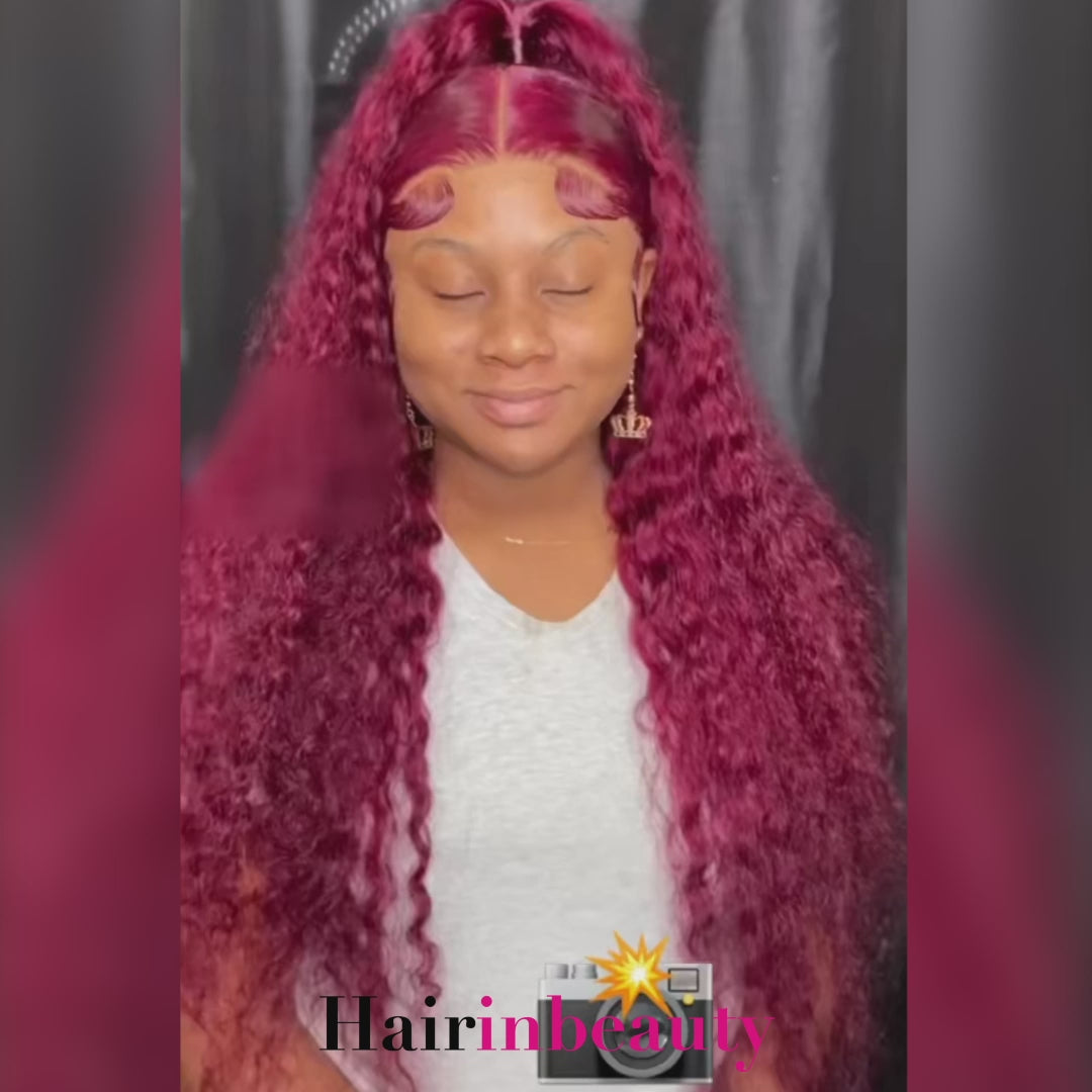 99J Human Hair Wigs Glueless Deep Wave Lace Front Wigs Burgundy 13x4 HD Lace Frontal Wig 250 Density Wig
