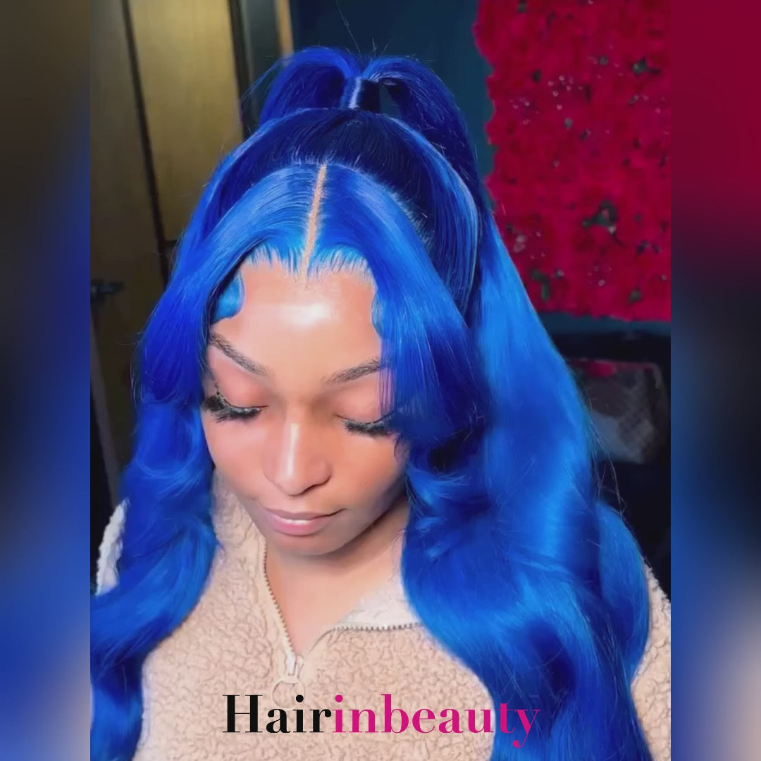 Blue Colored Body Wave Glueless Wig 13x4 HD Lace Front Wigs Pre Plucked Lace Front Wig 180% Density