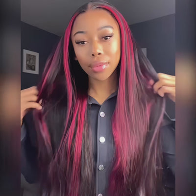 Glueless Human Hair Wig Burgundy Highlight With Dark Roots Straight 13x4 HD Lace Frontal Wigs Skunk Stripe Human Hair Wig