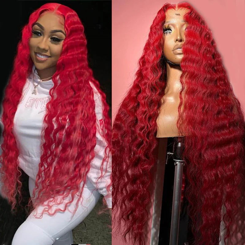 Red Color Loose Deep Wave 13x4 Transparent Lace Front Wigs For Women with Pre Plucked Glueless Wig