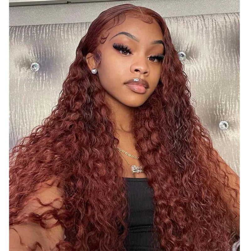 Long 40 Inch Glueless Reddish Brown Color Deep Curly 13x4 Lace Front Wig With Pre-plucked Hairline