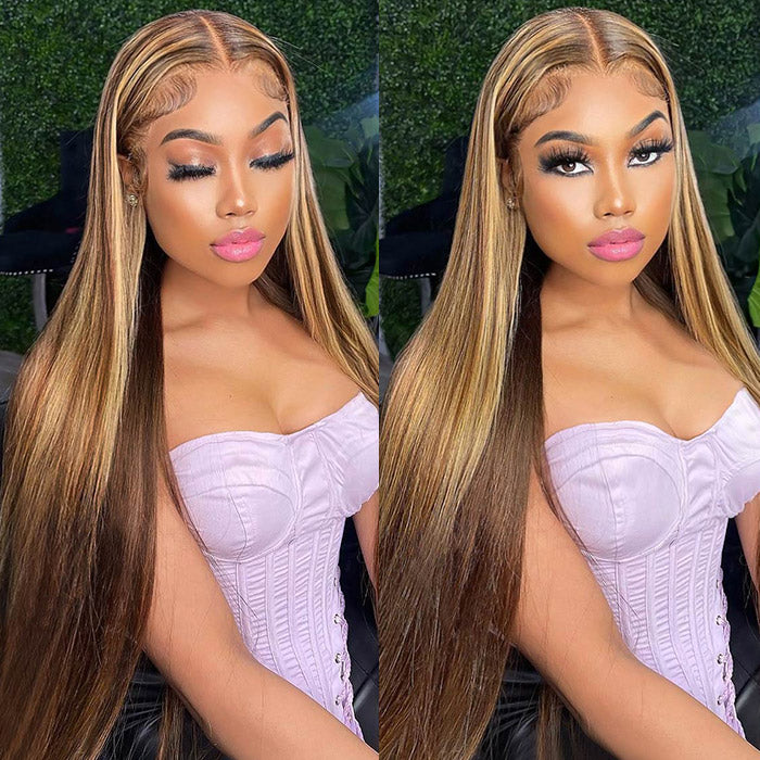 Wear and Go 13x4 Lace Frontal Wig Pre-plucked Honey Blonde Highlight Color Straight Lace Wigs With Knots Bleached