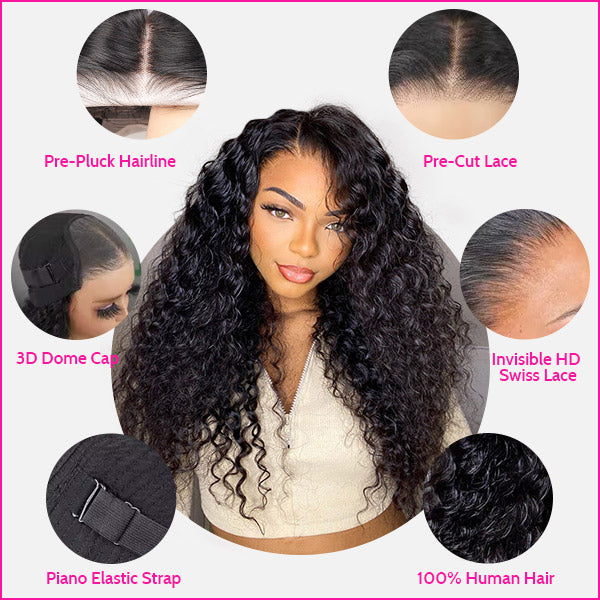 180% Density Water Wave Wear Go Pre Plucked Glueless Wigs Water Wave Glueless Wig with Natural Hairline Bleached Knots