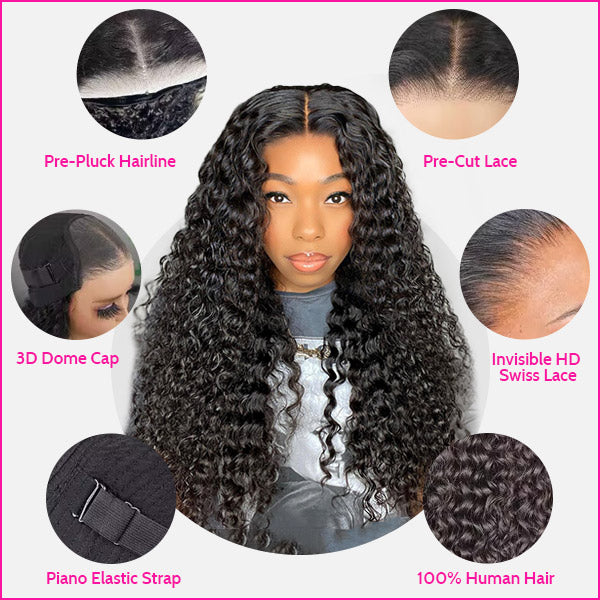 Pre-plucked Deep Wave Wear Go Glueless Wig Pre-Cut 13x4 HD Lace Front Wig Deep Wave Wig With Bleached Knots