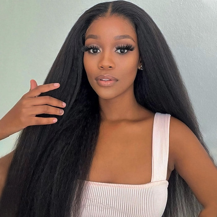 13x6 Wear and Go Kinky Straight Lace Front Wig 180% Pre-plucked Yaki Glueless Wigs With Bleached Knots