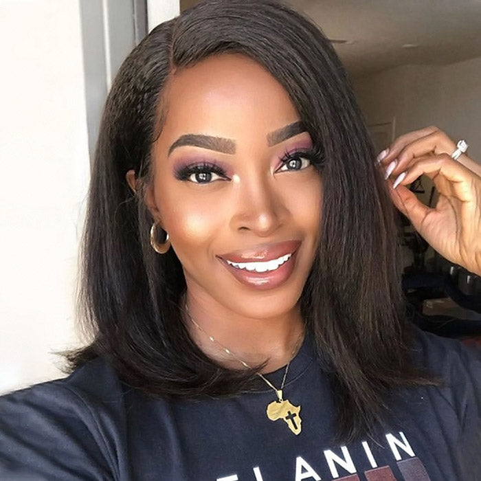 Kinky Straight Wear & Go Glueless Bob Wigs Pre Plucked Lace Closure Wig with Natural Hairline Beginner Friendly