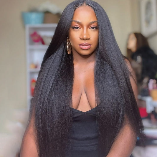 Kinky Straight Glueless Wig Pre-plucked 13x4 Yaki Glueless Wigs With Bleached Knots Beginnger Friendly