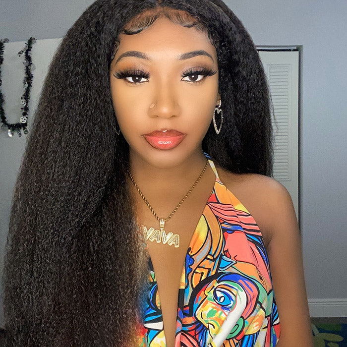 13x6 Kinky Straight Lace Front Wig Highlight Wear and Go Glueless Yaki Wigs Pre-plucked Kinky Straight Human Hair Wig With Bleached Knots