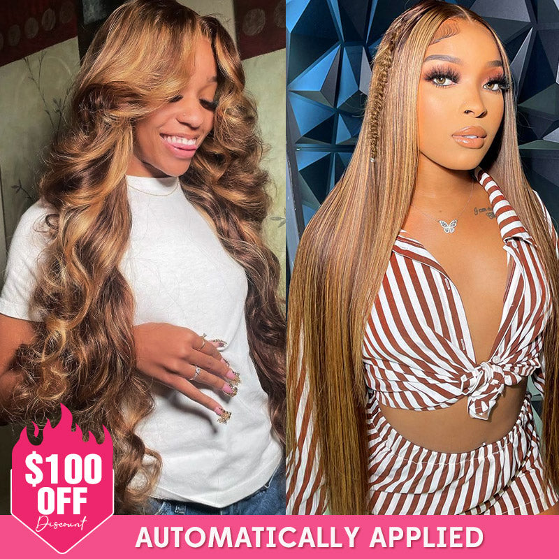 [$100 OFF Deal] Highlight Ombre Colored Straight /Body Wave 13x4 Transparent  Lace Front Wig with Pre-Plucked