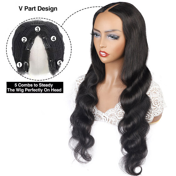 V Part Wig Affordable Silk Body Wave Human Hair Wig For Women Glueless